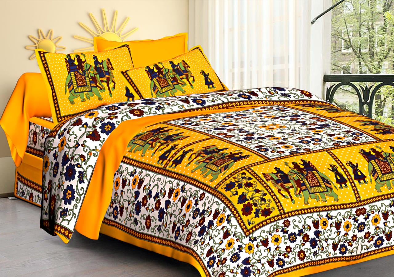 Jaipuri Screen Printed Cotton Double Bed Sheet with 2 Pillow Covers – 90x100 Size