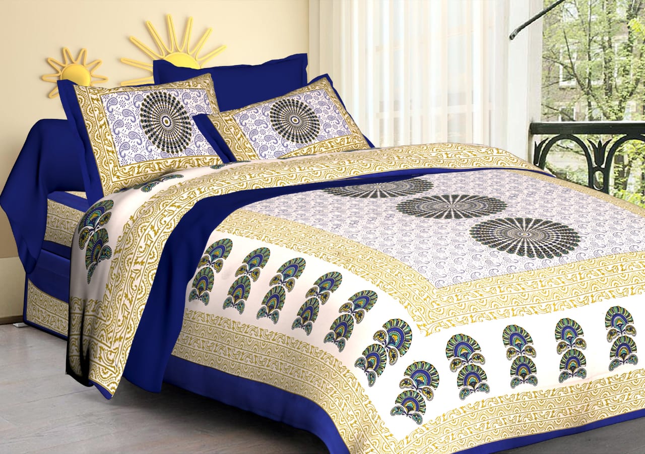Jaipuri Screen Printed Cotton Double Bed Sheet with 2 Pillow Covers – 90x100 Size