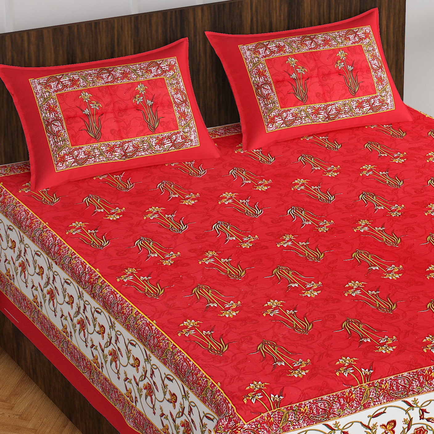 Jaipuri Screen Printed Cotton Double Bed Sheet with 2 Pillow Covers – 90x100 Size