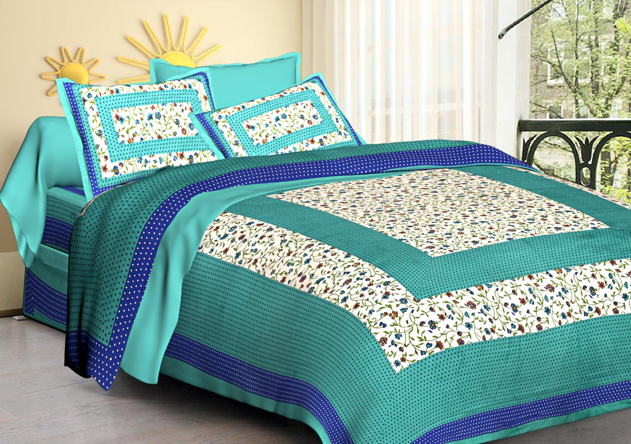 Jaipuri Screen Printed Cotton Double Bed Sheet with 2 Pillow Covers – 90x100 Size