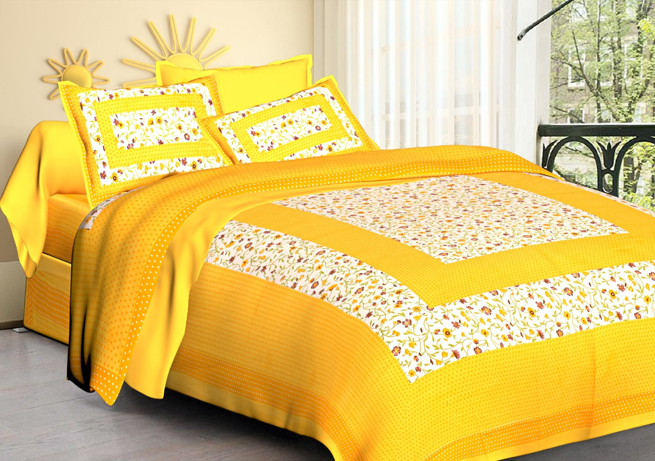 Jaipuri Screen Printed Cotton Double Bed Sheet with 2 Pillow Covers – 90x100 Size