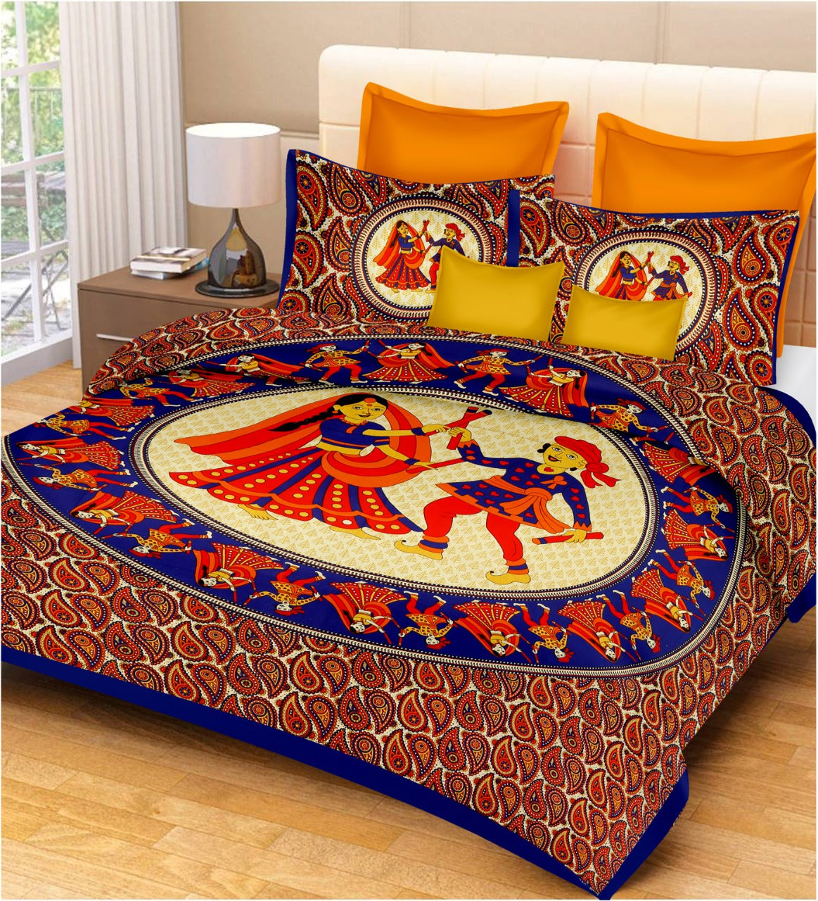 Jaipuri Screen Printed Cotton Double Bed Sheet with 2 Pillow Covers – 90x100 Size
