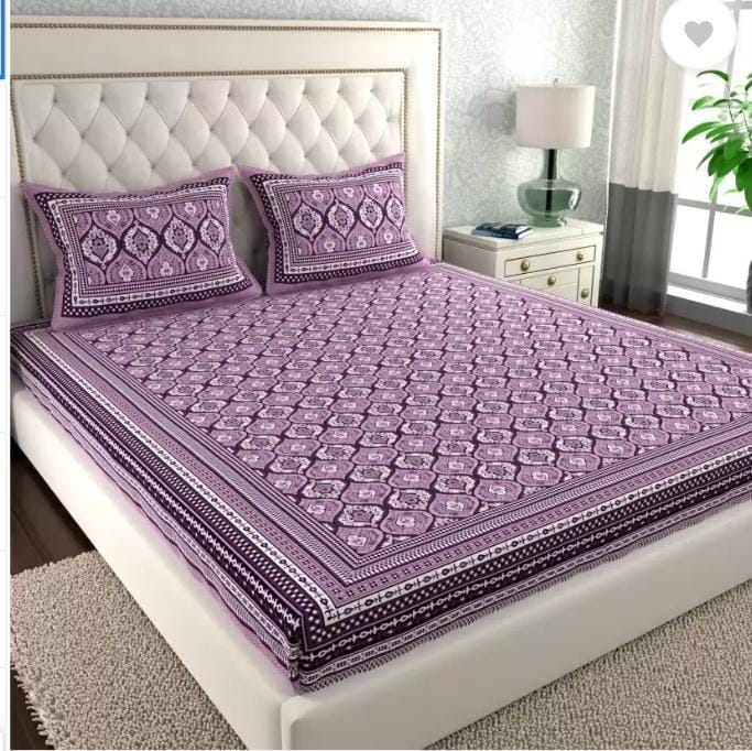 Jaipuri Screen Printed Cotton Double Bed Sheet with 2 Pillow Covers – 90x100 Size