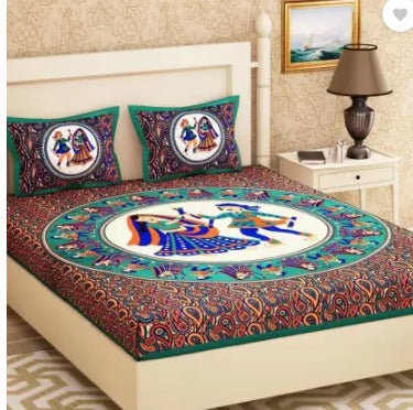 Jaipuri Screen Printed Cotton Double Bed Sheet with 2 Pillow Covers – 90x100 Size