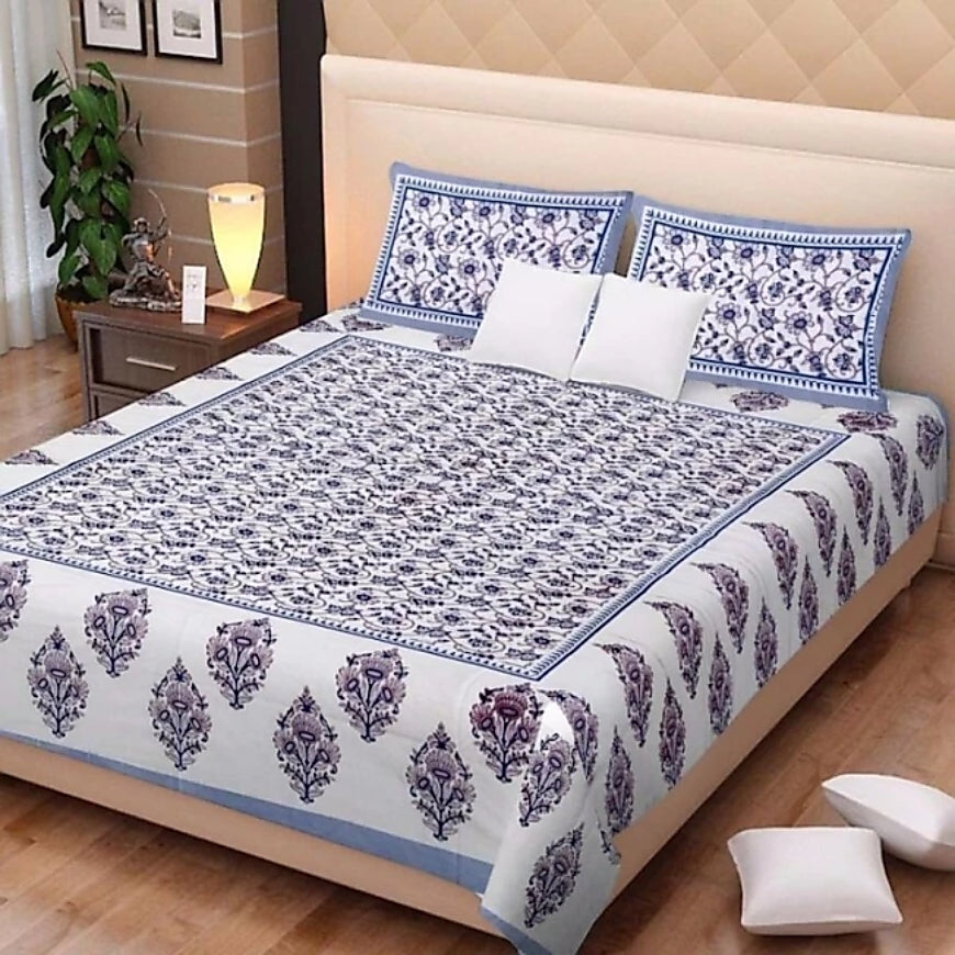 Jaipuri Screen Printed Cotton Double Bed Sheet with 2 Pillow Covers – 90x100 Size
