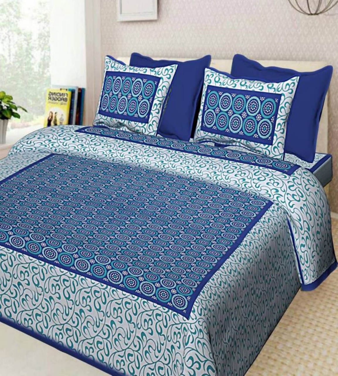 Jaipuri Screen Printed Cotton Double Bed Sheet with 2 Pillow Covers – 90x100 Size