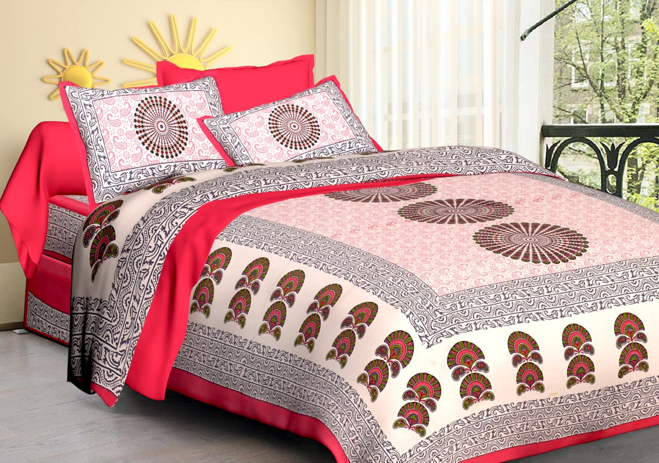 Jaipuri Screen Printed Cotton Double Bed Sheet with 2 Pillow Covers – 90x100 Size