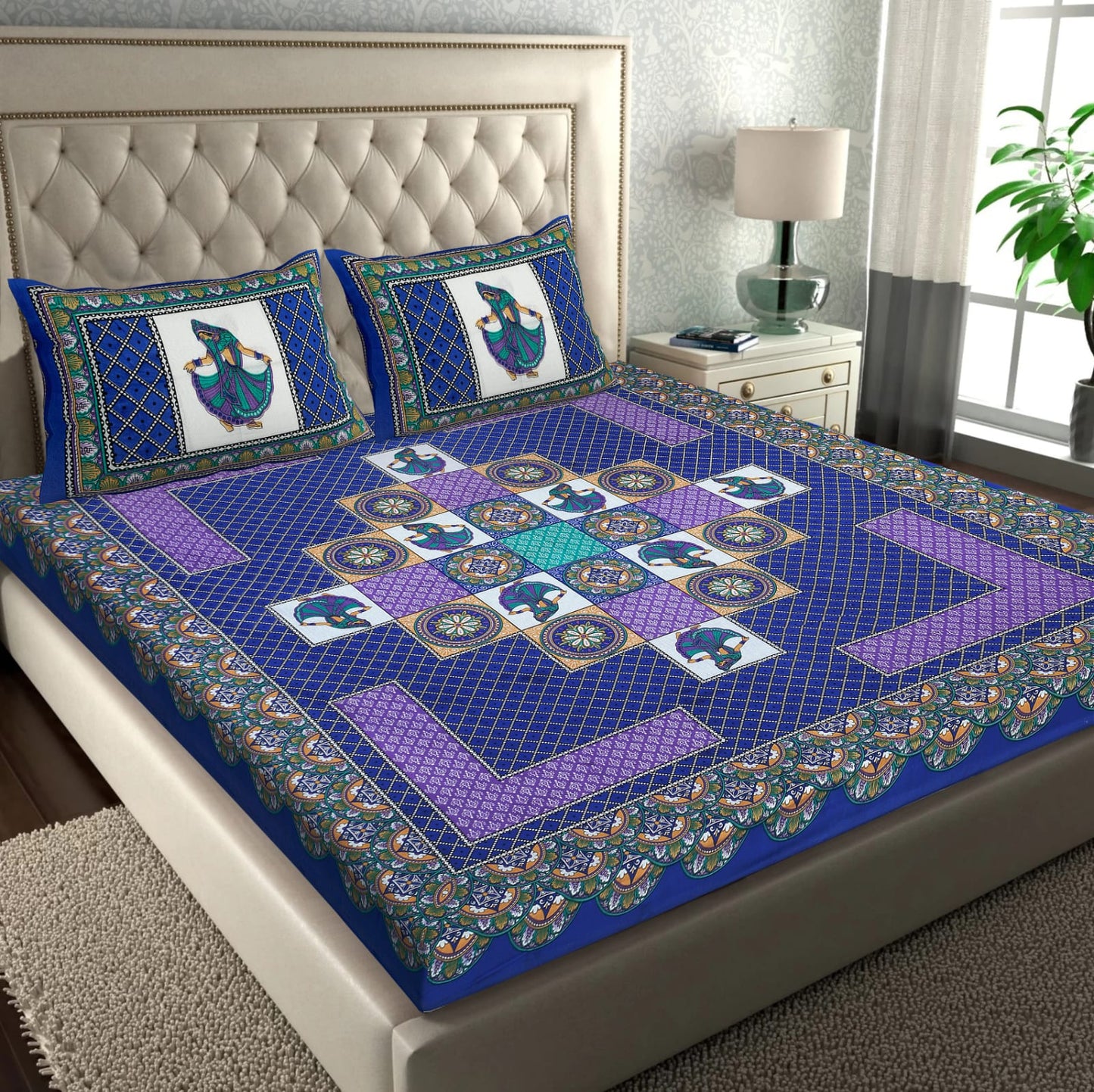 Jaipuri Screen Printed Cotton Double Bed Sheet with 2 Pillow Covers – 90x100 Size