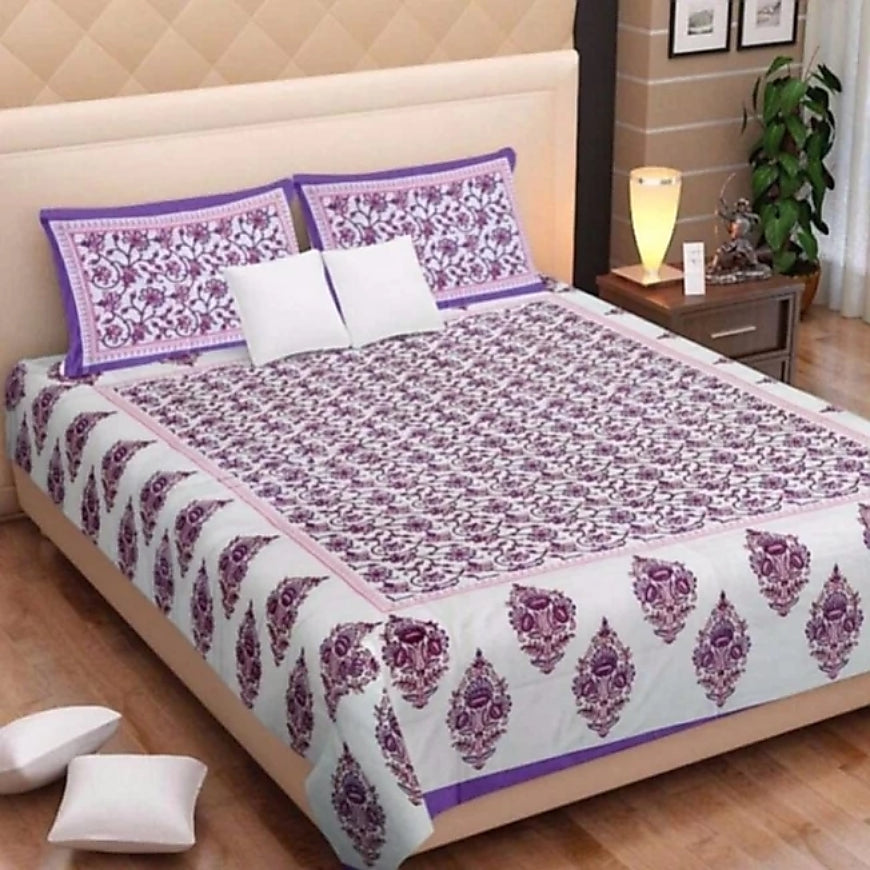 Jaipuri Screen Printed Cotton Double Bed Sheet with 2 Pillow Covers – 90x100 Size