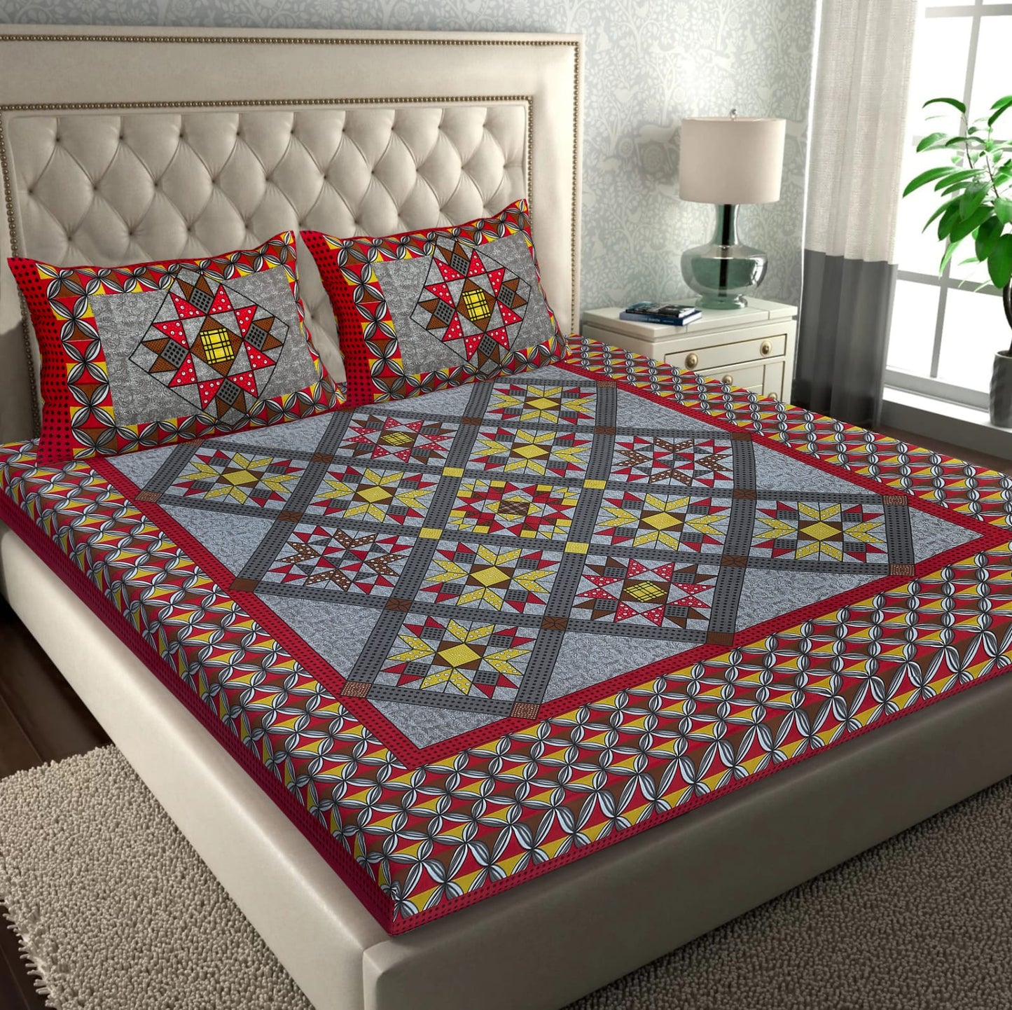 Jaipuri Screen Printed Cotton Double Bed Sheet with 2 Pillow Covers – 90x100 Size