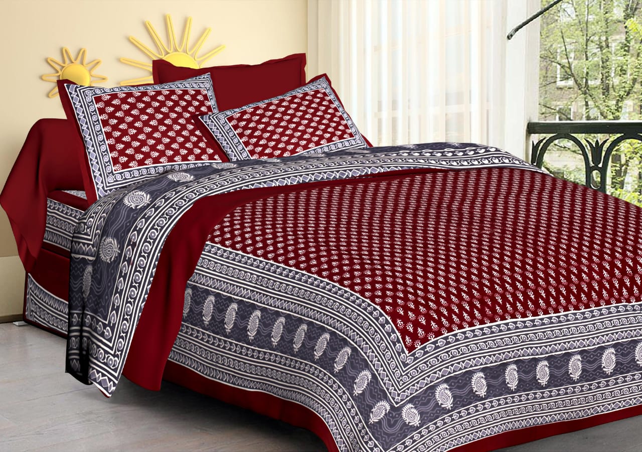 Jaipuri Screen Printed Cotton Double Bed Sheet with 2 Pillow Covers – 90x100 Size