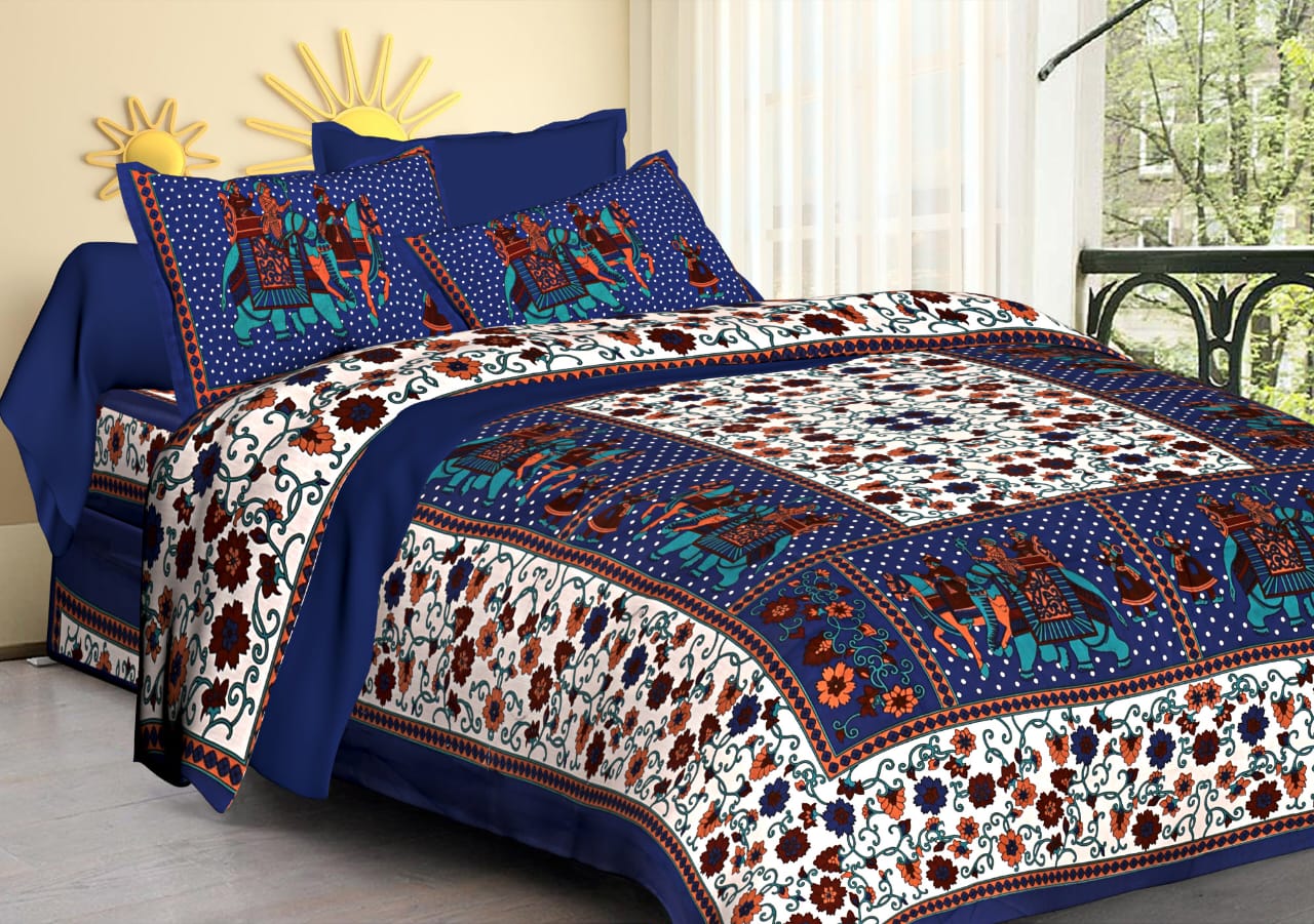 Jaipuri Screen Printed Cotton Double Bed Sheet with 2 Pillow Covers – 90x100 Size