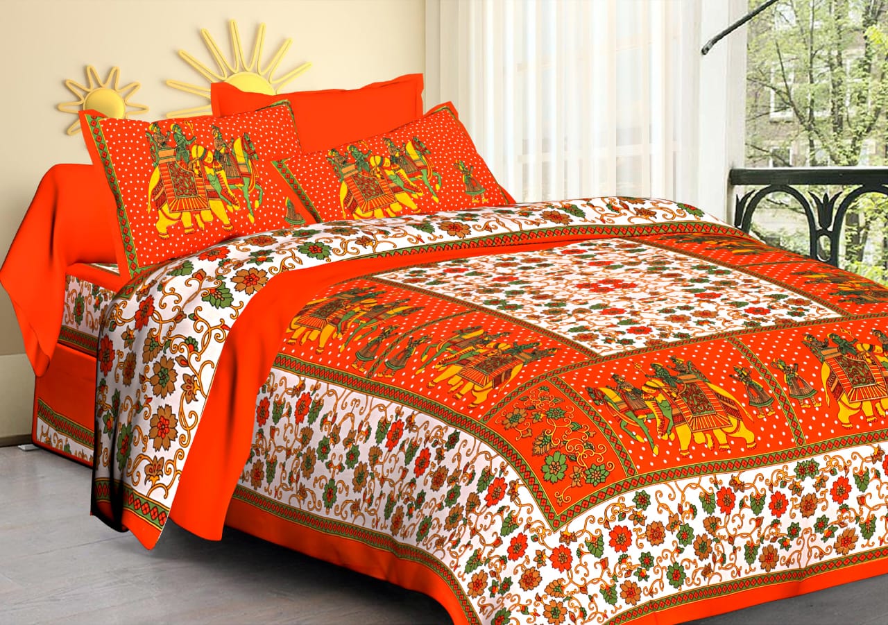 Jaipuri Screen Printed Cotton Double Bed Sheet with 2 Pillow Covers – 90x100 Size