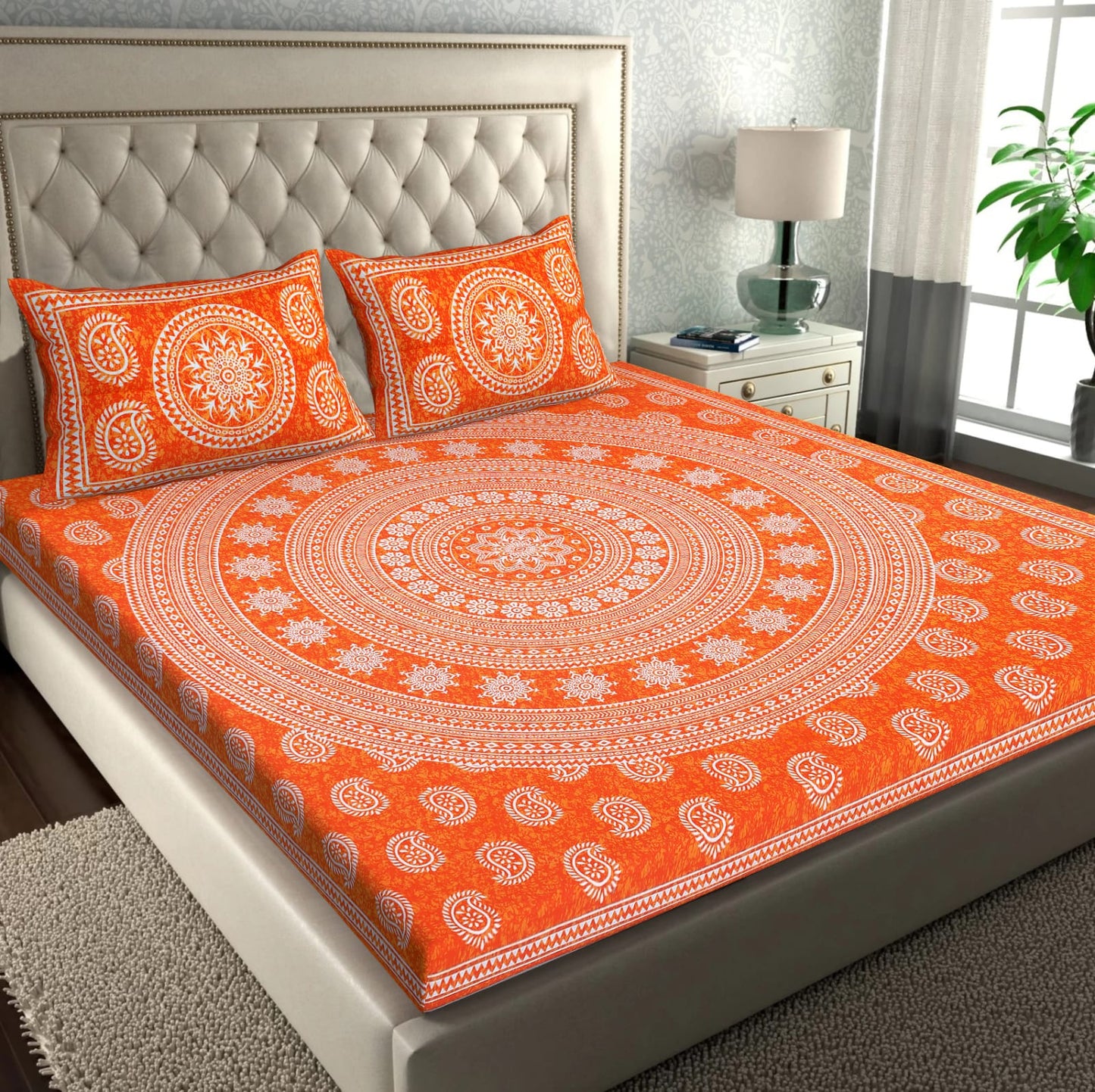 Jaipuri Screen Printed Cotton Double Bed Sheet with 2 Pillow Covers – 90x100 Size