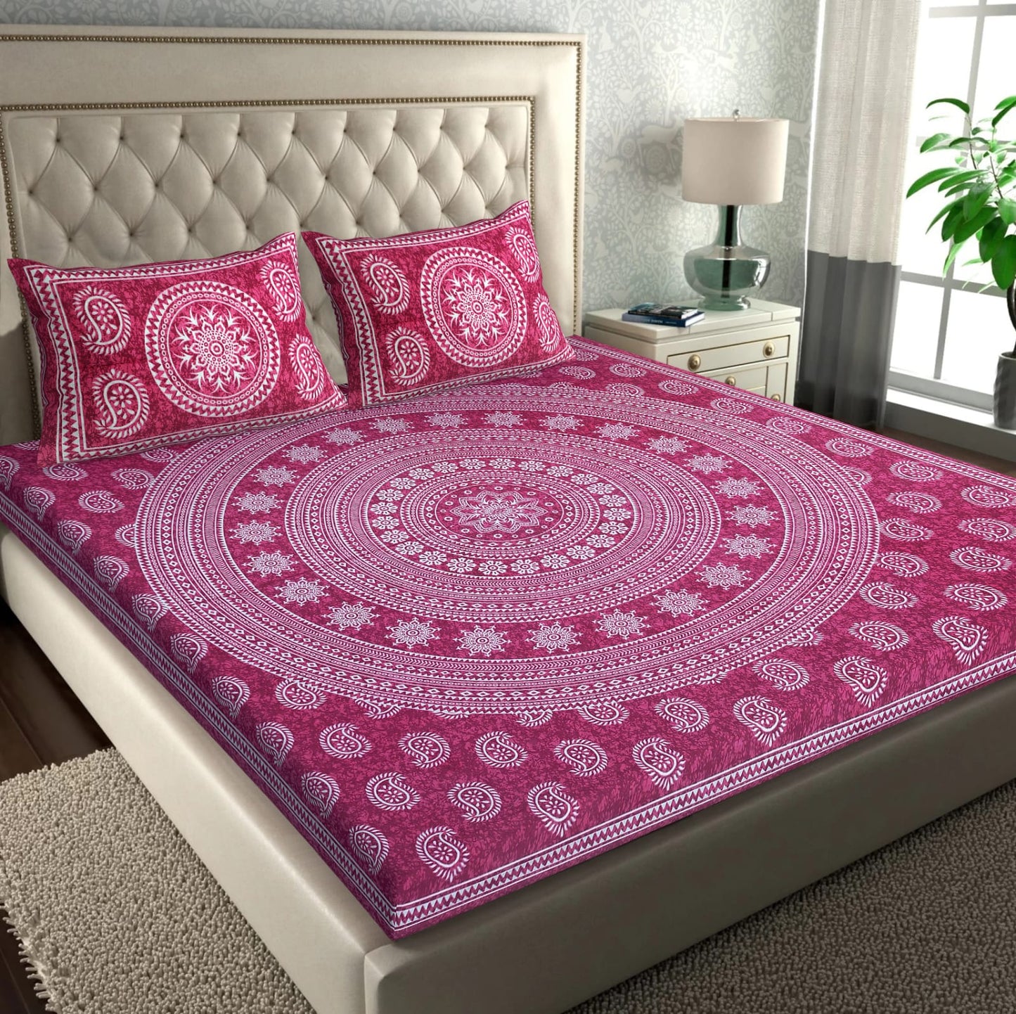 Jaipuri Screen Printed Cotton Double Bed Sheet with 2 Pillow Covers – 90x100 Size
