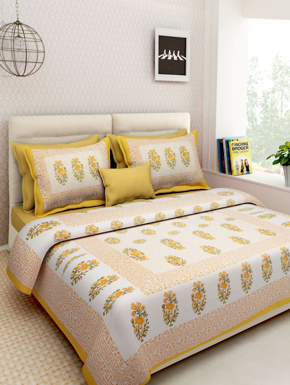 Jaipuri Screen Printed Cotton Double Bed Sheet with 2 Pillow Covers – 90x100 Size