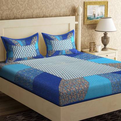 Jaipuri Screen Printed Cotton Double Bed Sheet with 2 Pillow Covers – 90x100 Size