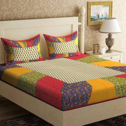 Jaipuri Screen Printed Cotton Double Bed Sheet with 2 Pillow Covers – 90x100 Size