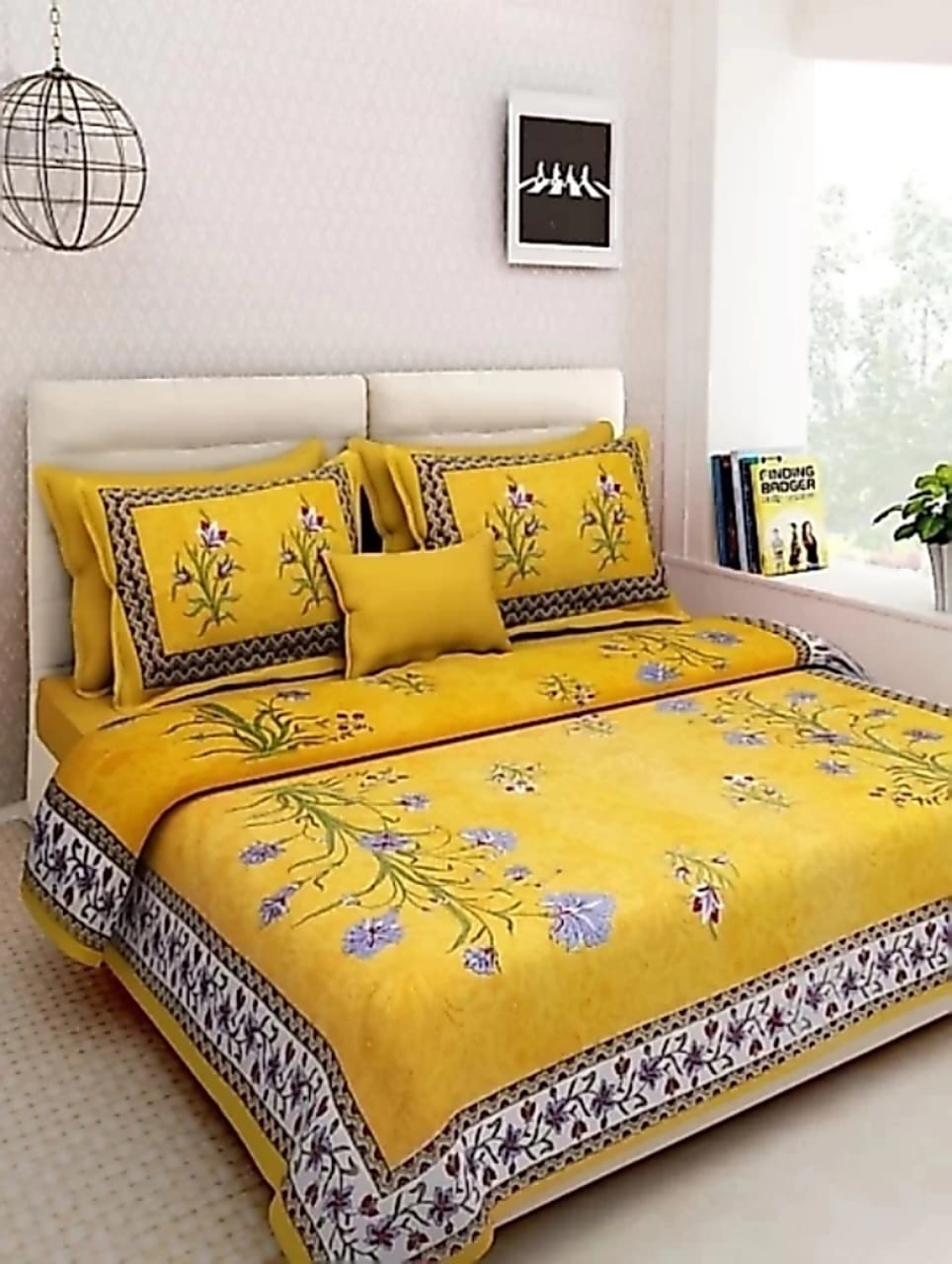 Jaipuri Screen Printed Cotton Double Bed Sheet with 2 Pillow Covers – 90x100 Size