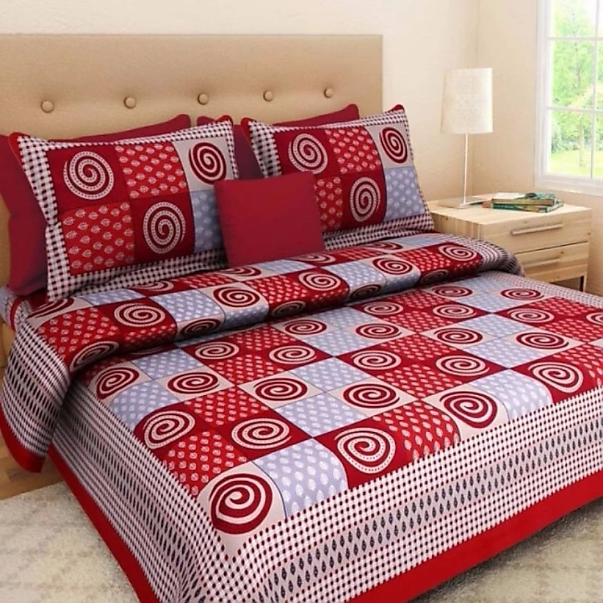 Jaipuri Screen Printed Cotton Double Bed Sheet with 2 Pillow Covers – 90x100 Size