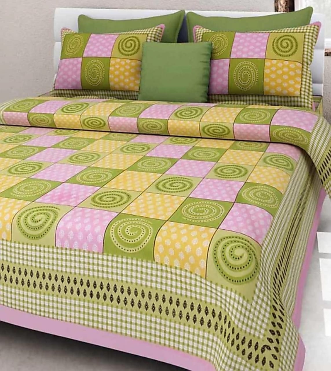 Jaipuri Screen Printed Cotton Double Bed Sheet with 2 Pillow Covers – 90x100 Size