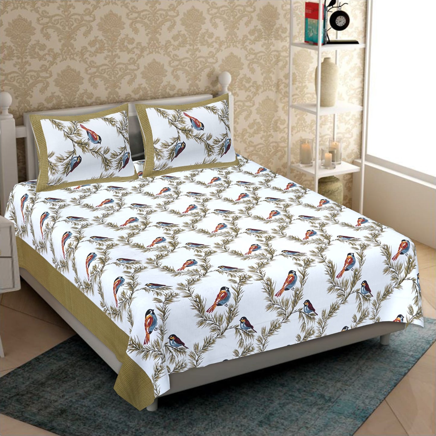 Jaipuri Screen Printed Cotton Double Bed Sheet with 2 Pillow Covers – 90x100 Size