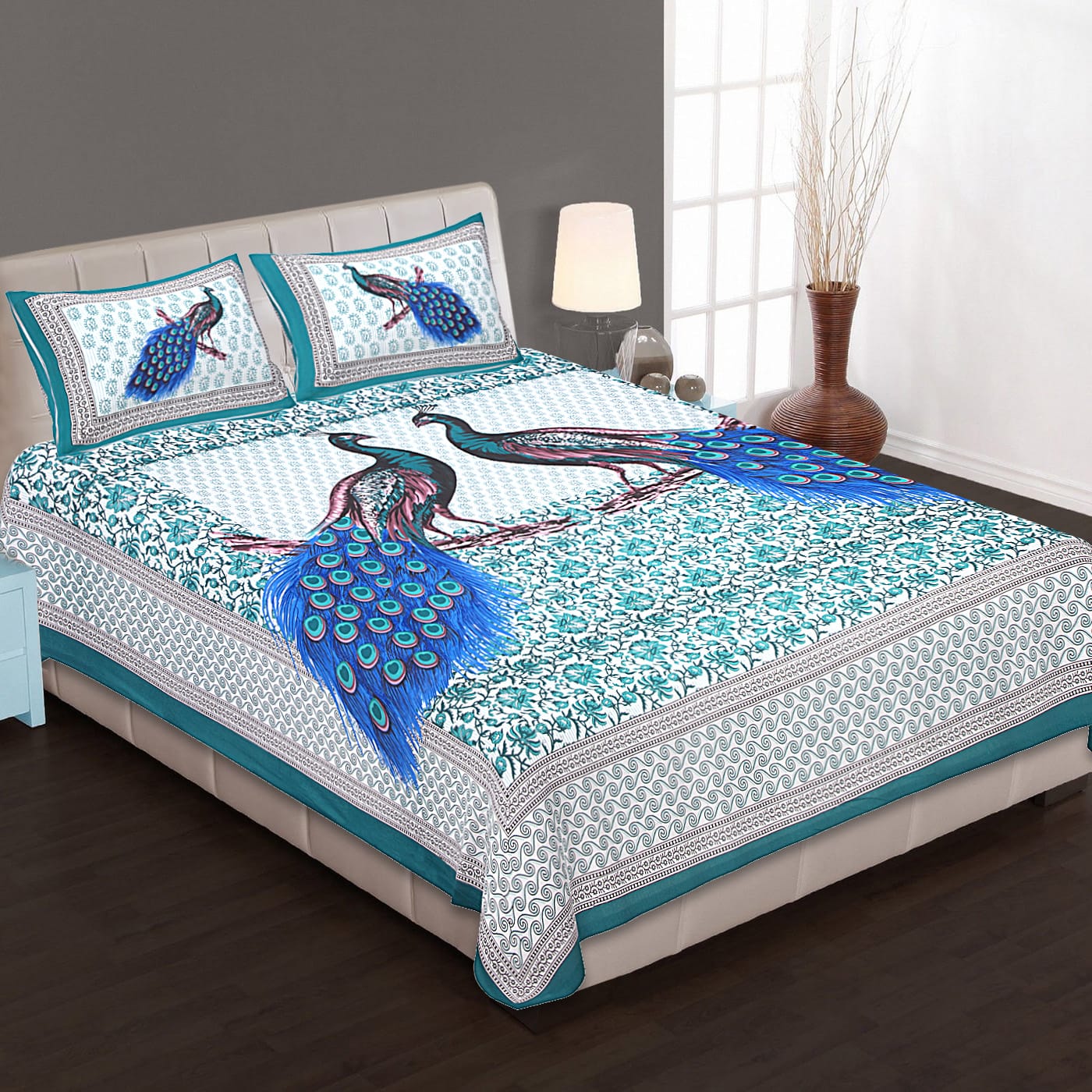 Jaipuri Screen Printed Cotton Double Bed Sheet with 2 Pillow Covers – 90x100 Size