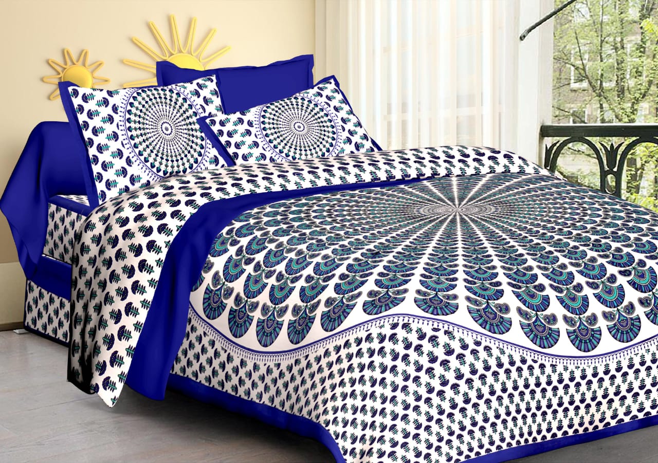 Jaipuri Screen Printed Cotton Double Bed Sheet with 2 Pillow Covers – 90x100 Size