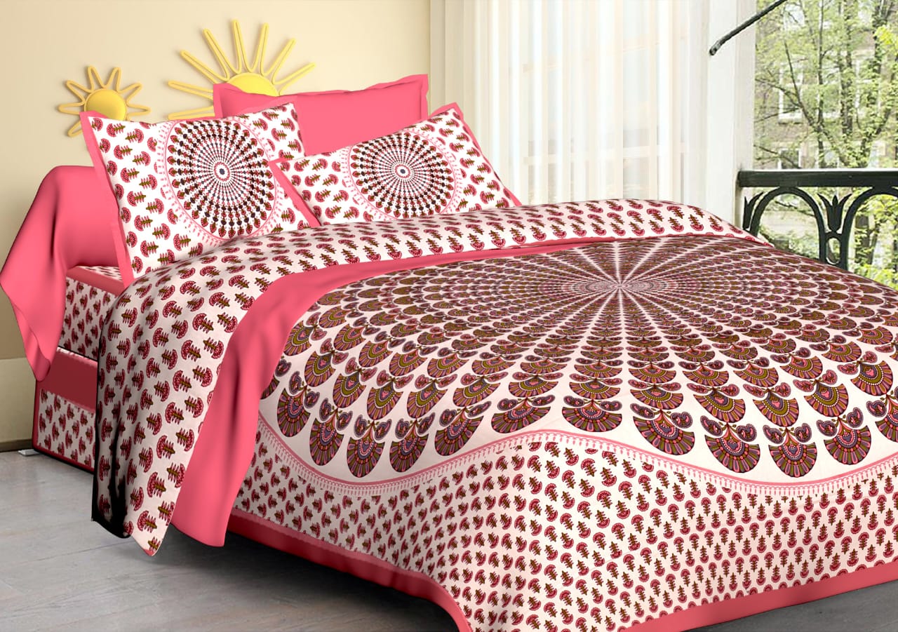 Jaipuri Screen Printed Cotton Double Bed Sheet with 2 Pillow Covers – 90x100 Size