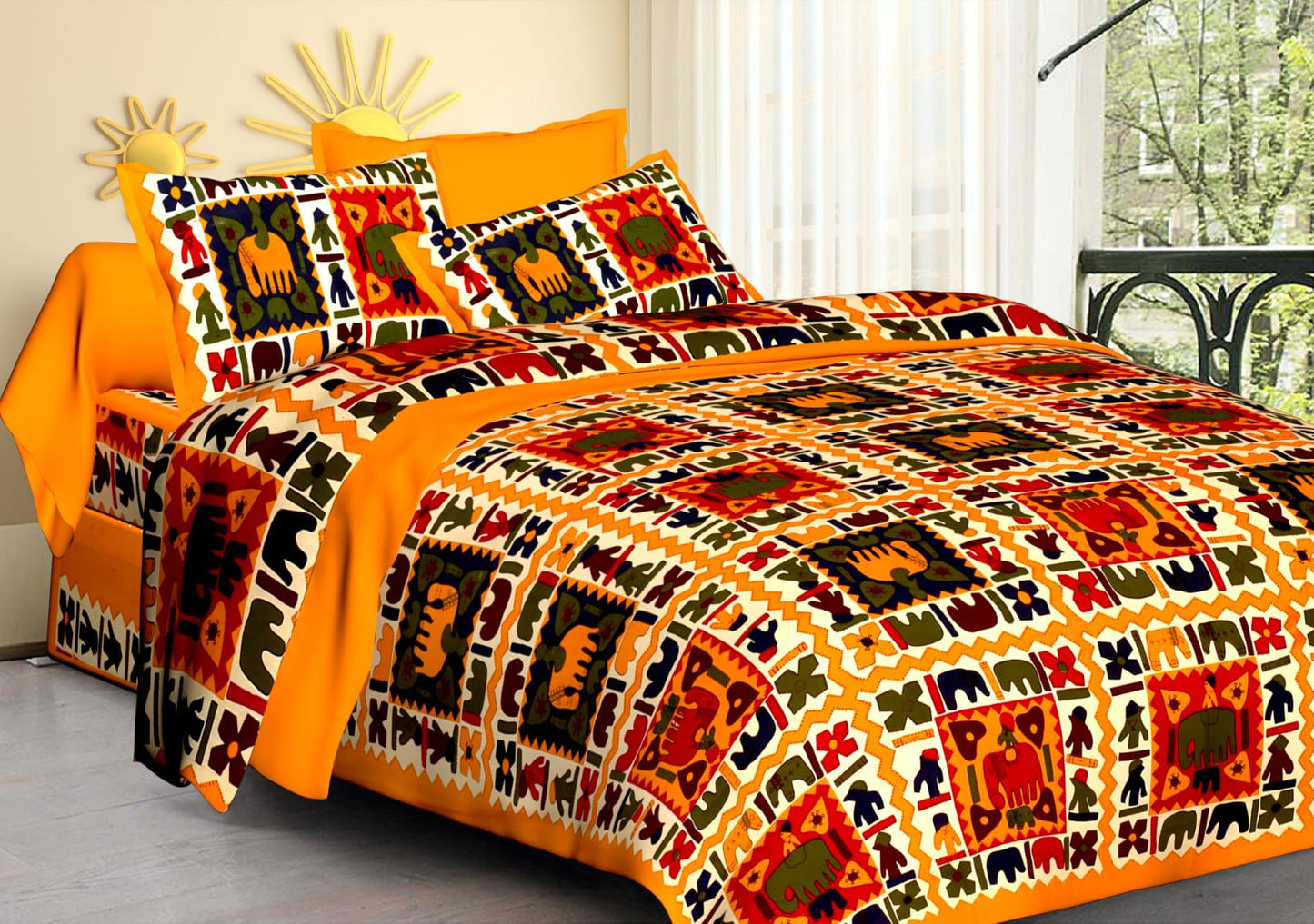 Jaipuri Screen Printed Cotton Double Bed Sheet with 2 Pillow Covers – 90x100 Size