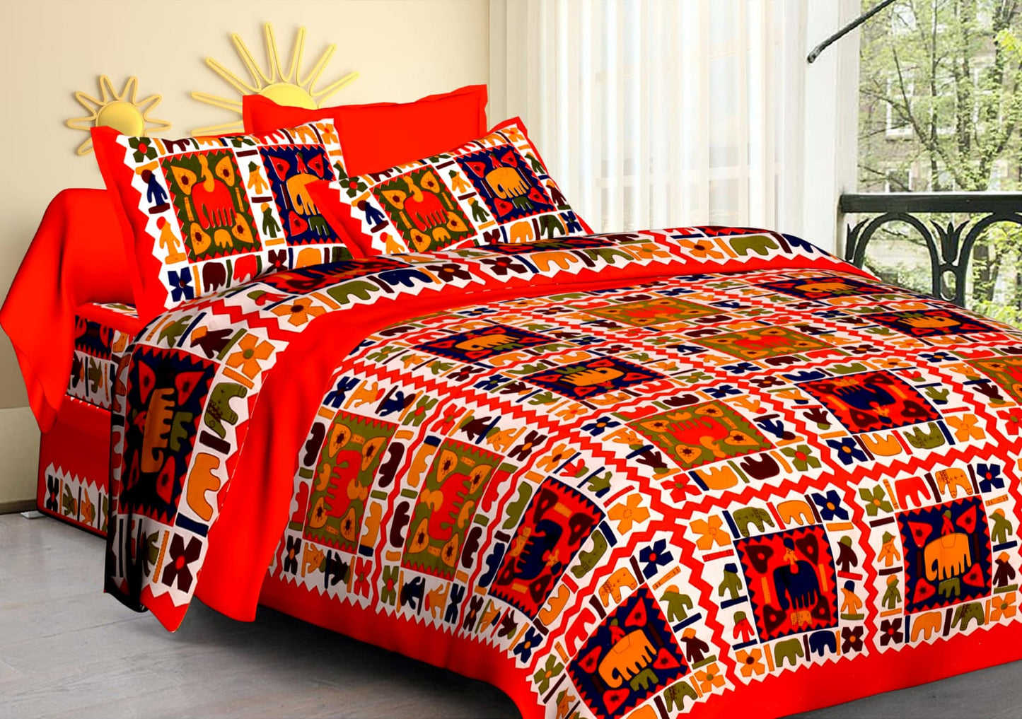 Jaipuri Screen Printed Cotton Double Bed Sheet with 2 Pillow Covers – 90x100 Size
