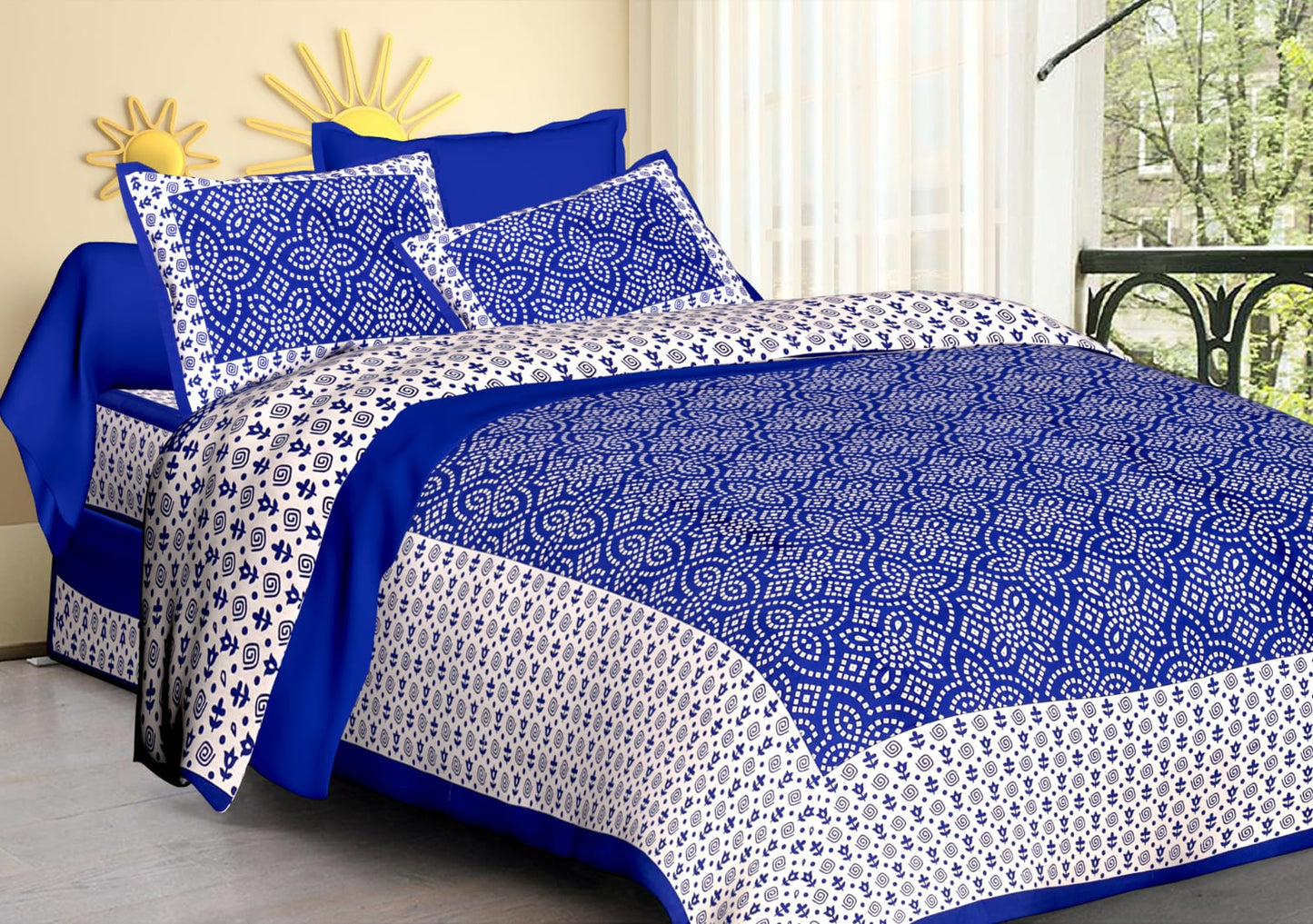 Jaipuri Screen Printed Cotton Double Bed Sheet with 2 Pillow Covers – 90x100 Size