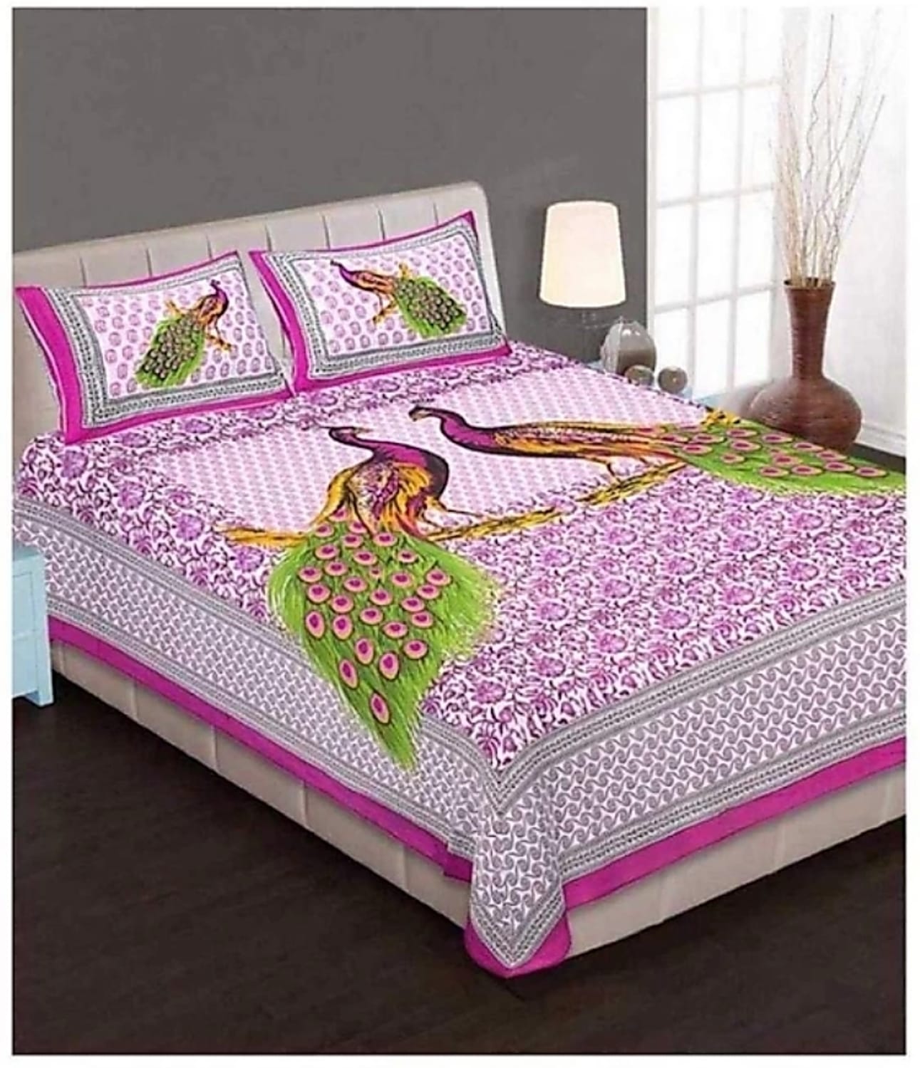 Jaipuri Screen Printed Cotton Double Bed Sheet with 2 Pillow Covers – 90x100 Size