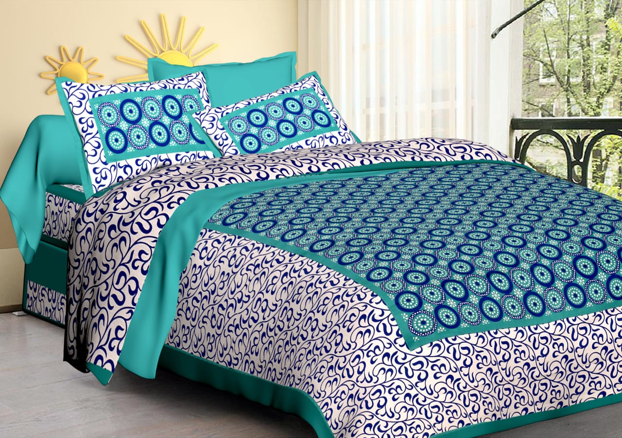 Jaipuri Screen Printed Cotton Double Bed Sheet with 2 Pillow Covers – 90x100 Size