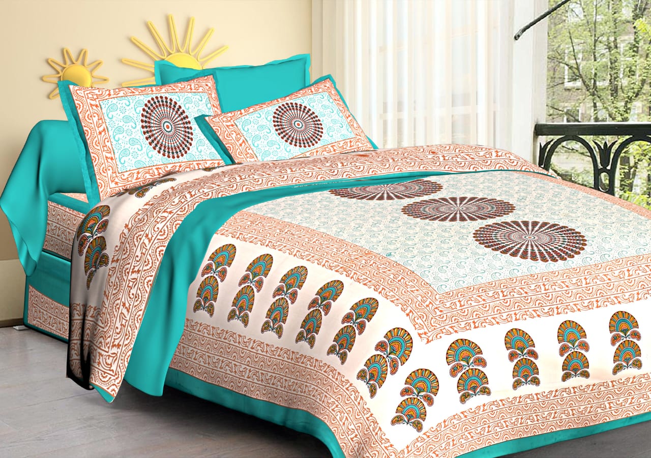 Jaipuri Screen Printed Cotton Double Bed Sheet with 2 Pillow Covers – 90x100 Size