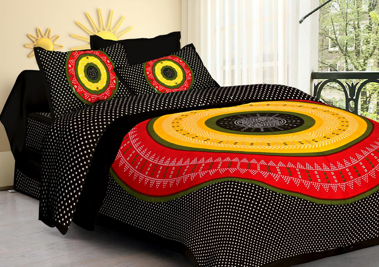 Jaipuri Screen Printed Cotton Double Bed Sheet with 2 Pillow Covers – 90x100 Size