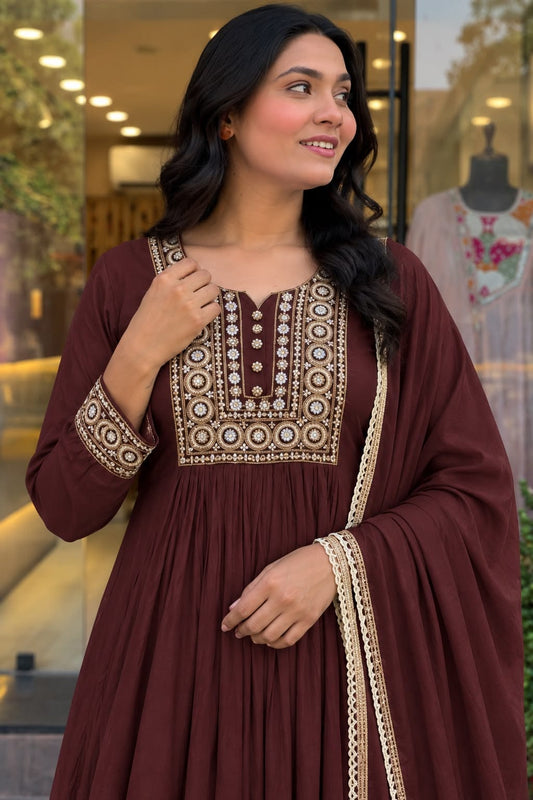 Jewel Tone Mul Chanderi Embroidered Flared Anarkali Suit Set