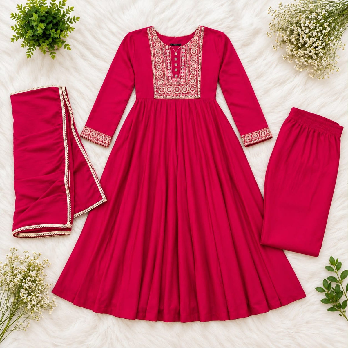 Jewel Tone Mul Chanderi Embroidered Flared Anarkali Suit Set
