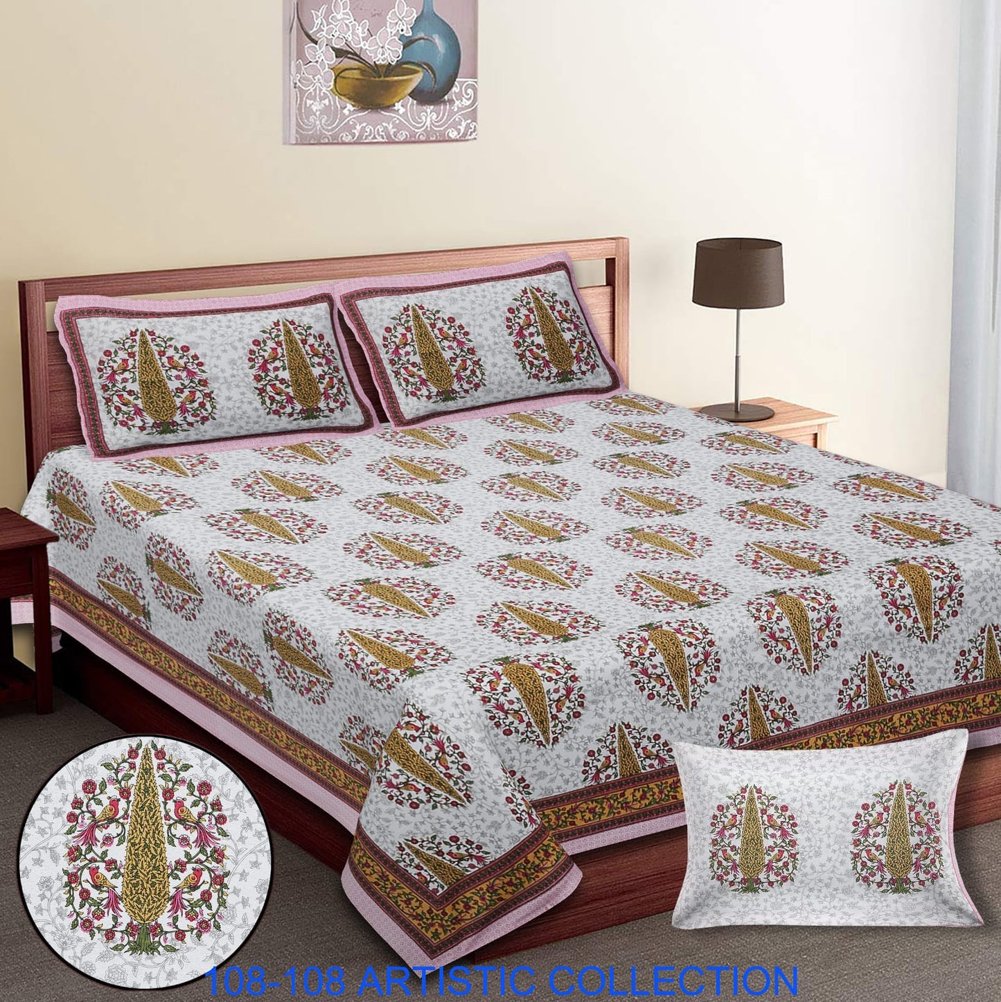 Jumbo Cotton Autoloom Bedsheet with 2 Zipper Pillow Covers – 108x108 Inches