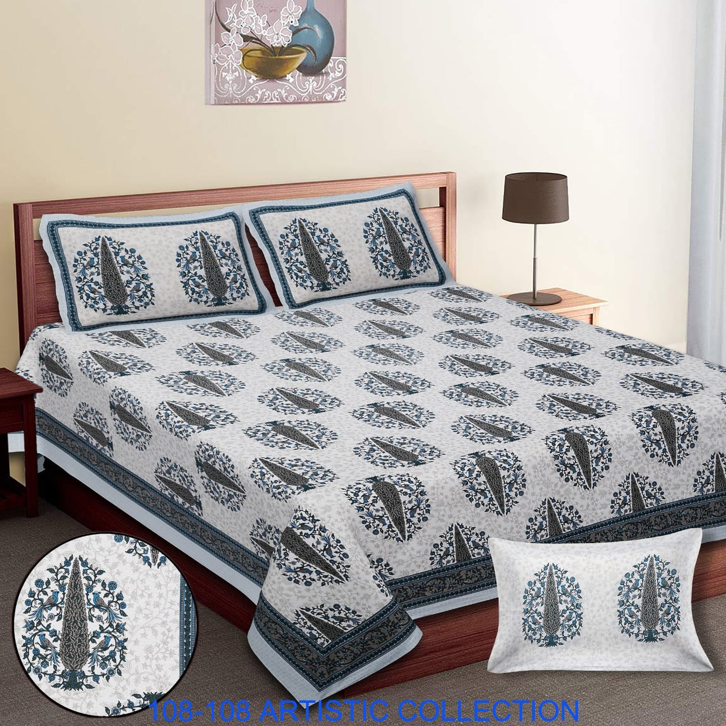 Jumbo Cotton Autoloom Bedsheet with 2 Zipper Pillow Covers – 108x108 Inches