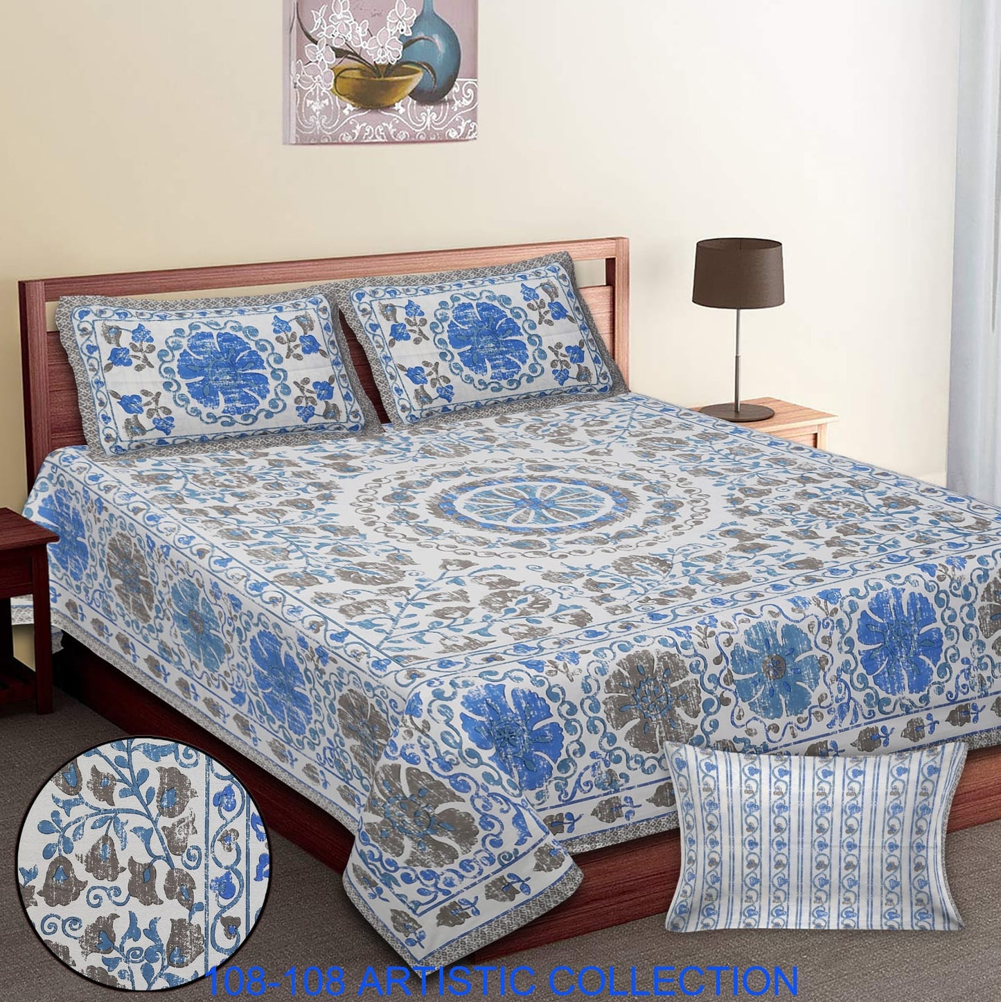 Jumbo Cotton Autoloom Bedsheet with 2 Zipper Pillow Covers – 108x108 Inches