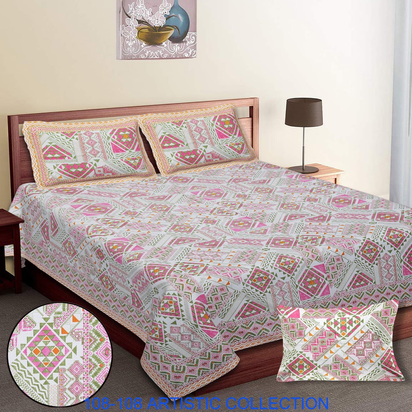 Jumbo Cotton Autoloom Bedsheet with 2 Zipper Pillow Covers – 108x108 Inches