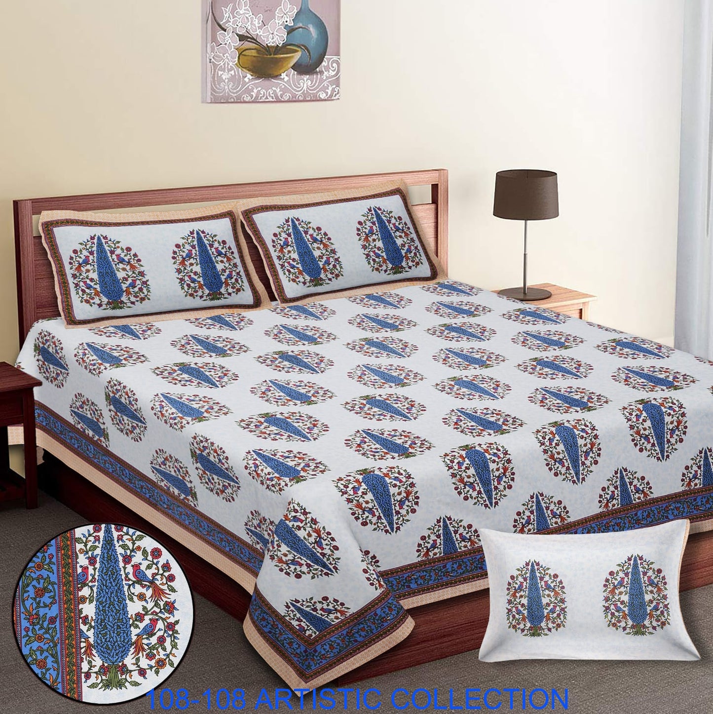 Jumbo Cotton Autoloom Bedsheet with 2 Zipper Pillow Covers – 108x108 Inches