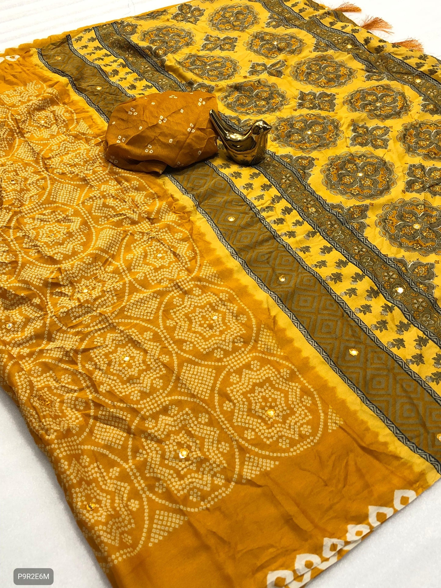 Kalamkari Bandhej Moss Saree with Mirror Work & Zhumka Pallu | Bandhani Saree with Running Blouse