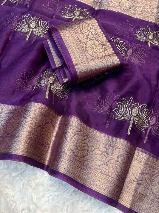 Kanchipuram Golden Organza Tissue Saree with Jacquard Border & Lotus Beads Work