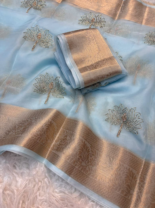 Kanchipuram Golden Organza Tissue Saree with Jacquard Border & Lotus Beads Work