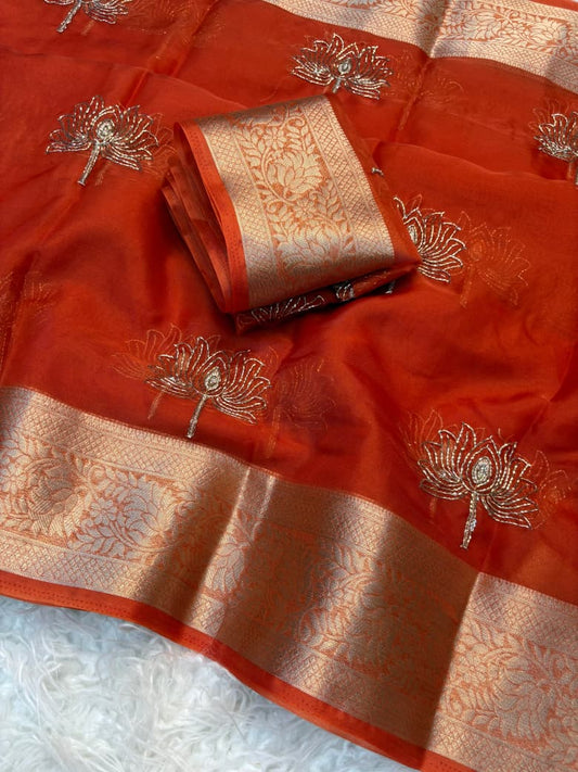 Kanchipuram Golden Organza Tissue Saree with Jacquard Border & Lotus Beads Work