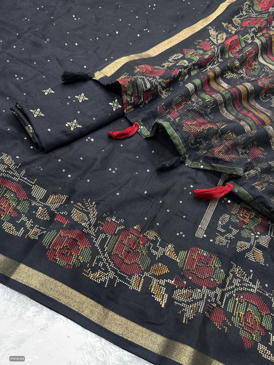 Kashmiri Printed Mul Cotton Saree with Zaal Thread Work & Jacquard Border
