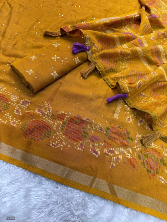 Kashmiri Printed Mul Cotton Saree with Zaal Thread Work & Jacquard Border