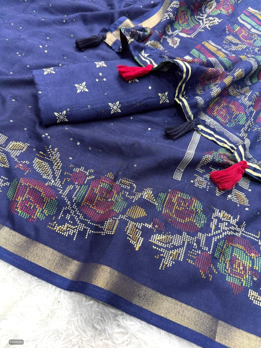 Kashmiri Printed Mul Cotton Saree with Zaal Thread Work & Jacquard Border